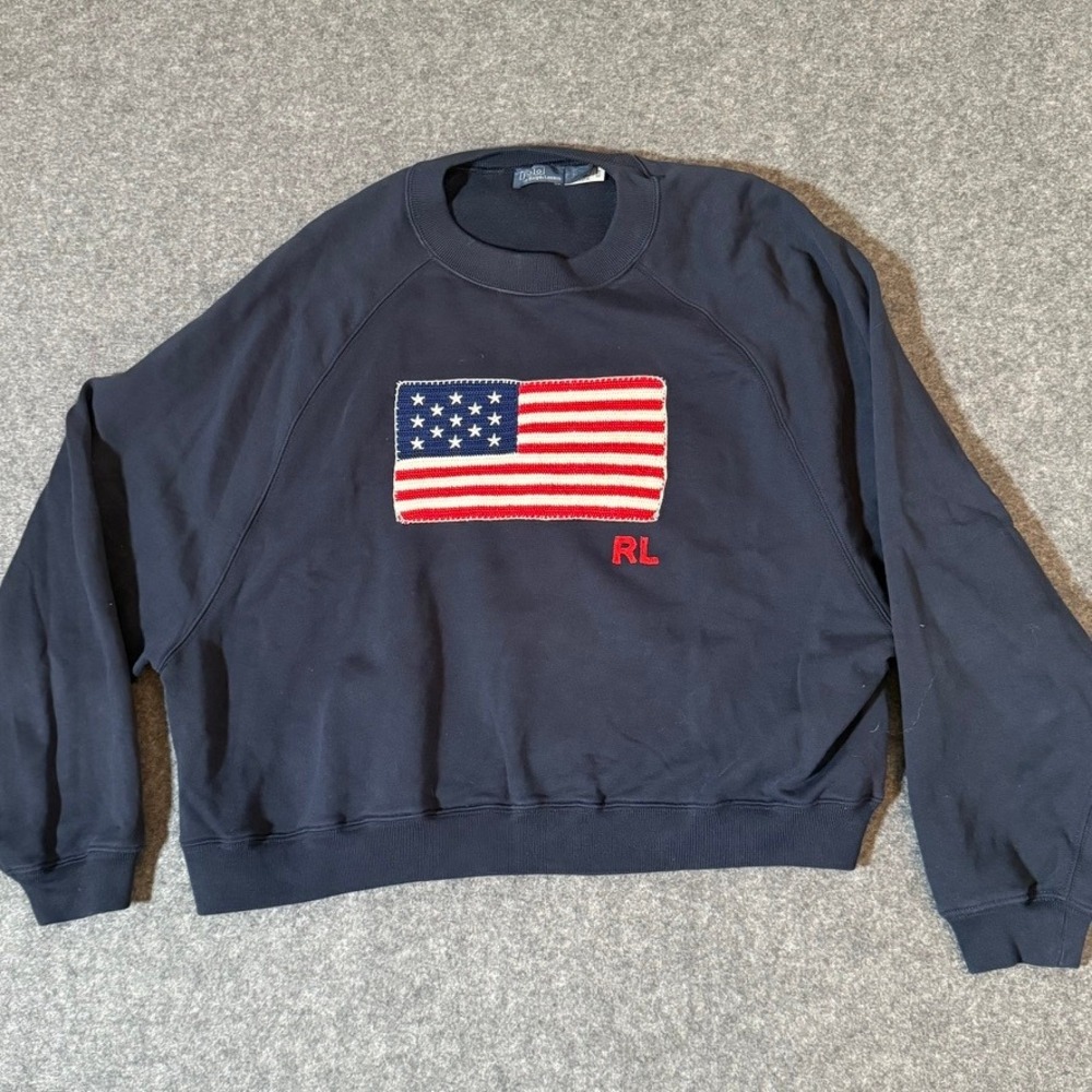 Polo Ralph Lauren French Terry Logo American Flag Sweatshirt Women M Blue Boxy - Picture 2 of 10